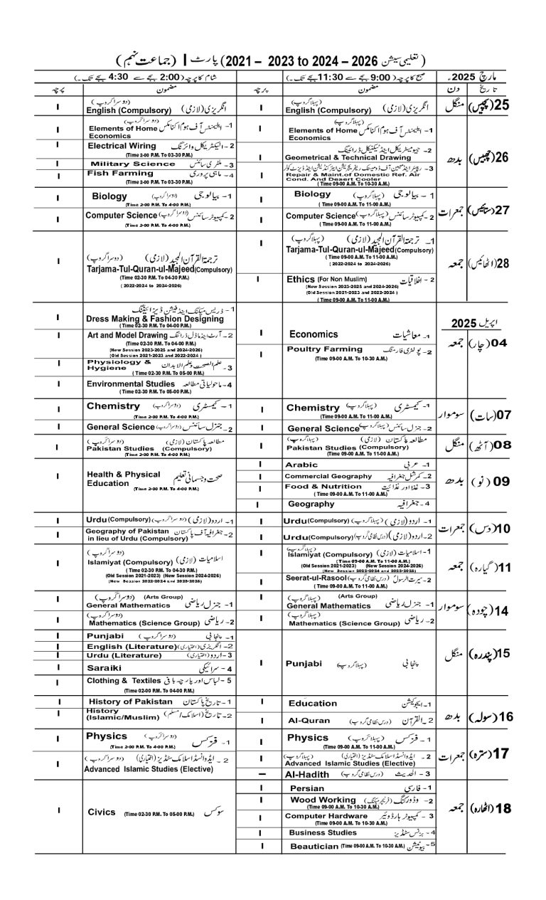 Lahore Board 9th Class Date Sheet 2025