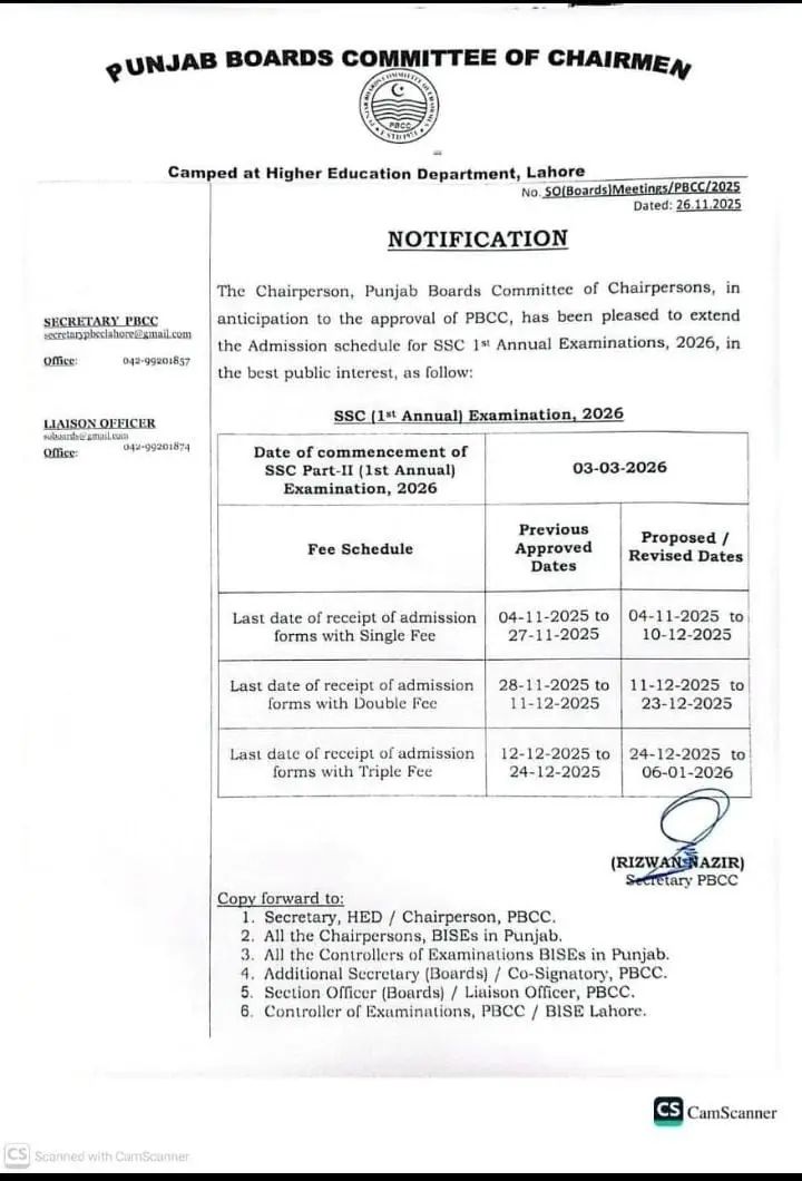 Matric 9th, 10th Online Admission 2026