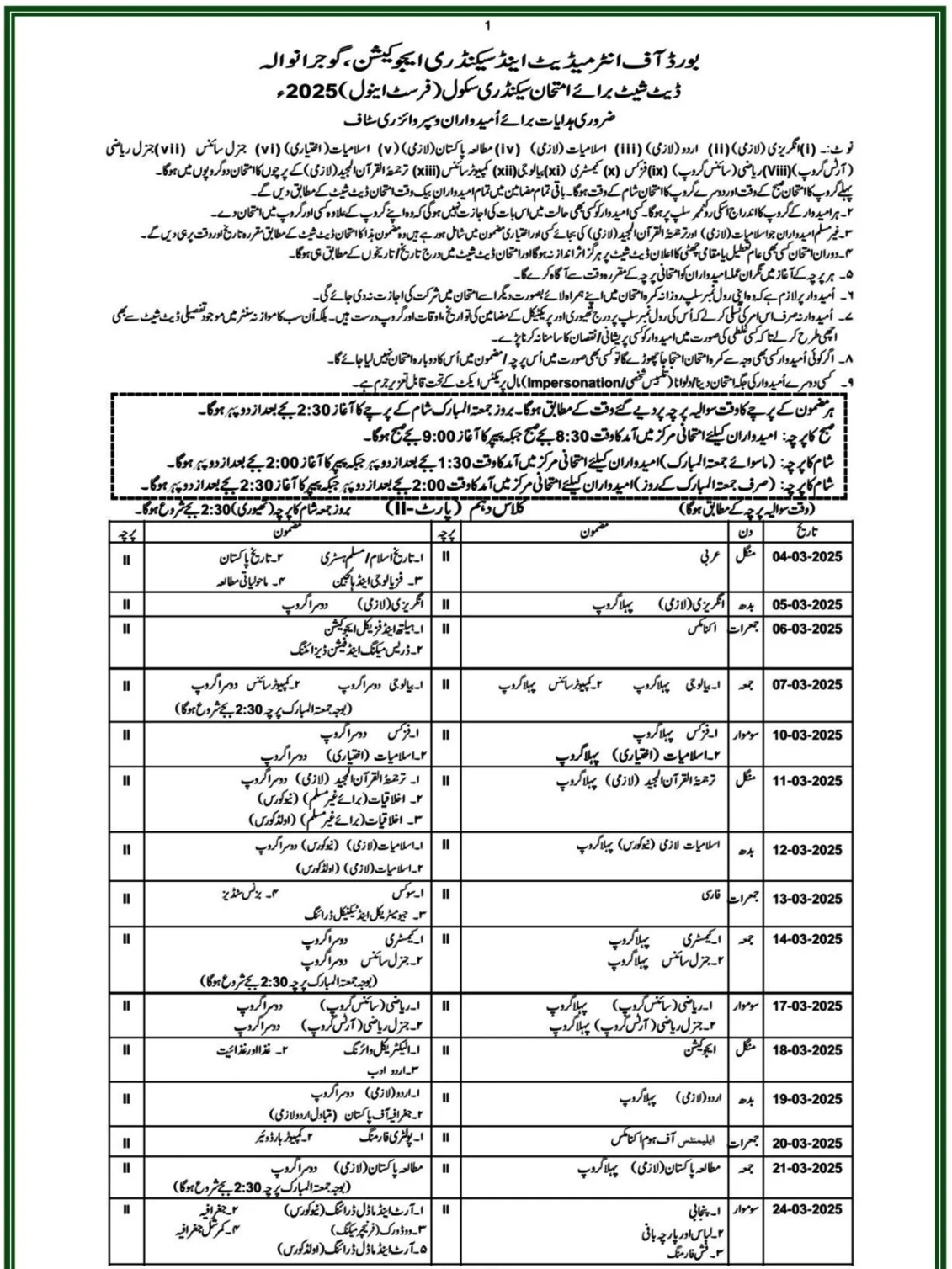 Gujranwala Board 10th Class Date Sheet