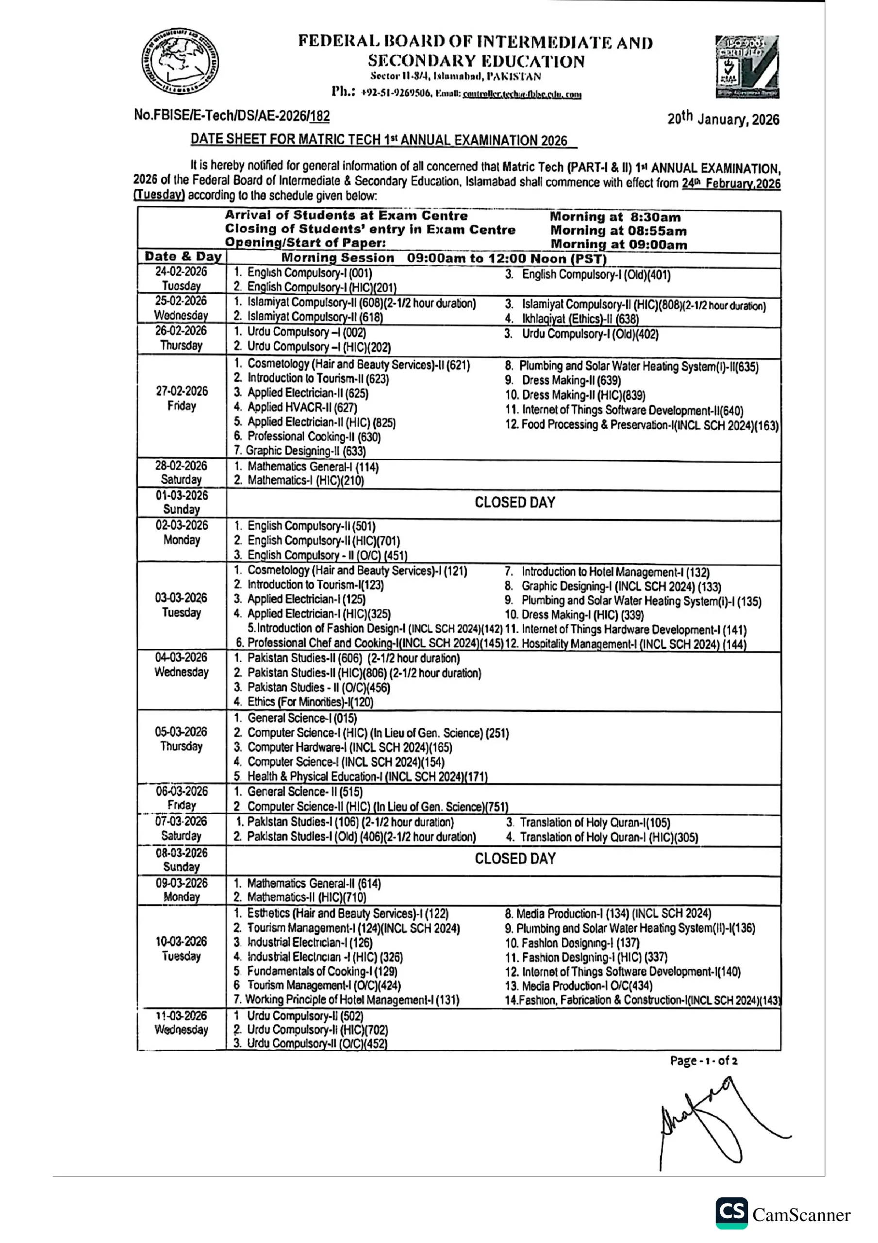 FBISE Federal Board 10th Class Date Sheet 2026
