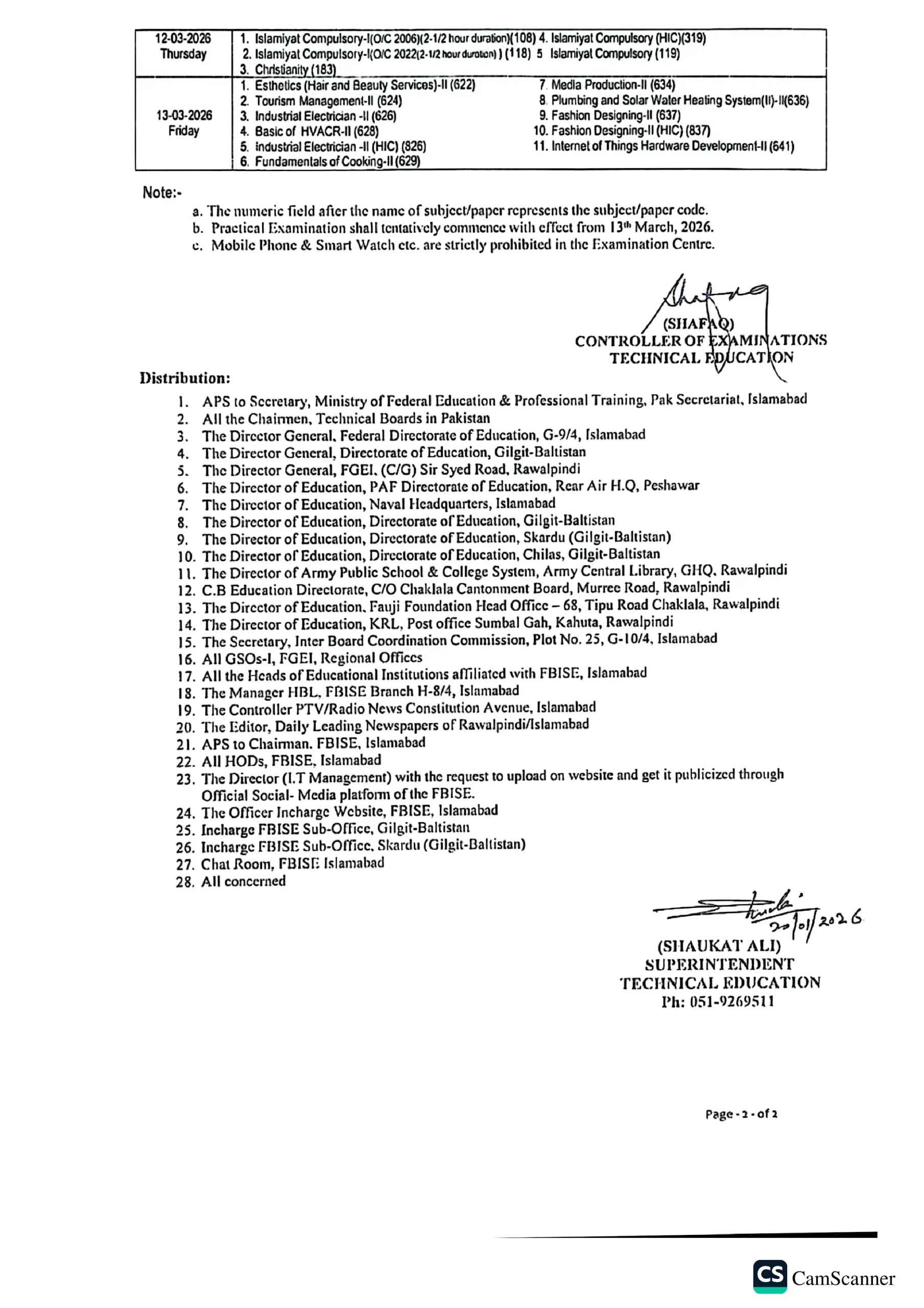 FBISE Federal Board 10th Class Date Sheet 2026