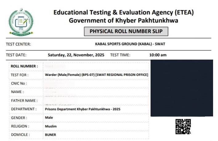 KPK Jail Police ETEA Roll Number Slips