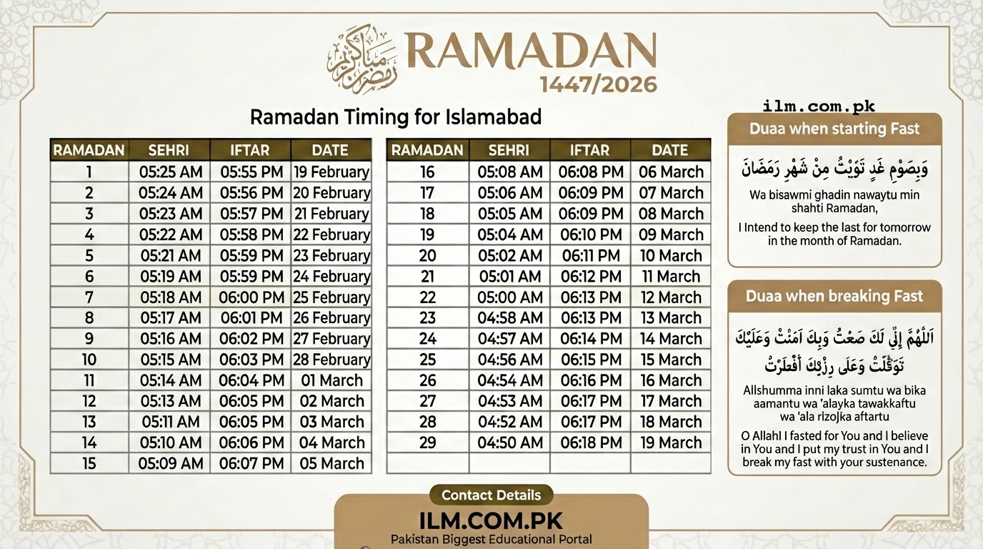 Islamabad Ramadan Calendar 2026 Sehri And Iftar Time