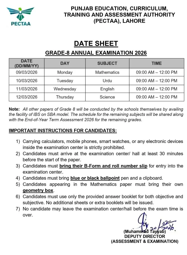 8th Class Board Exam 2026 Date Sheet